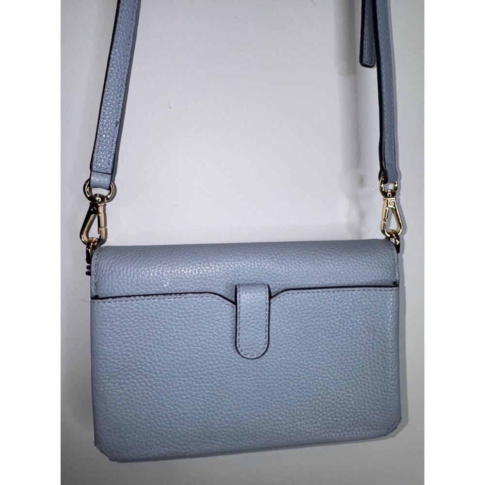 Michael Kors Jet Set Travel Crossbody Wallet Bag Pale Blue Pebbled Leather Gold - Picture 6 of 10